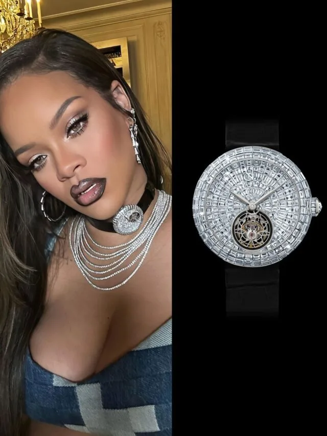 Rihanna’s neck is adorned with a $5.7 million diamond watch.